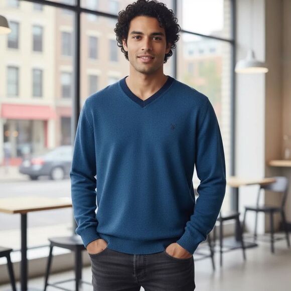 Large American Eagle Outfitters Blue V-Neck Sweater with Striped Trim - Picture 1 of 6